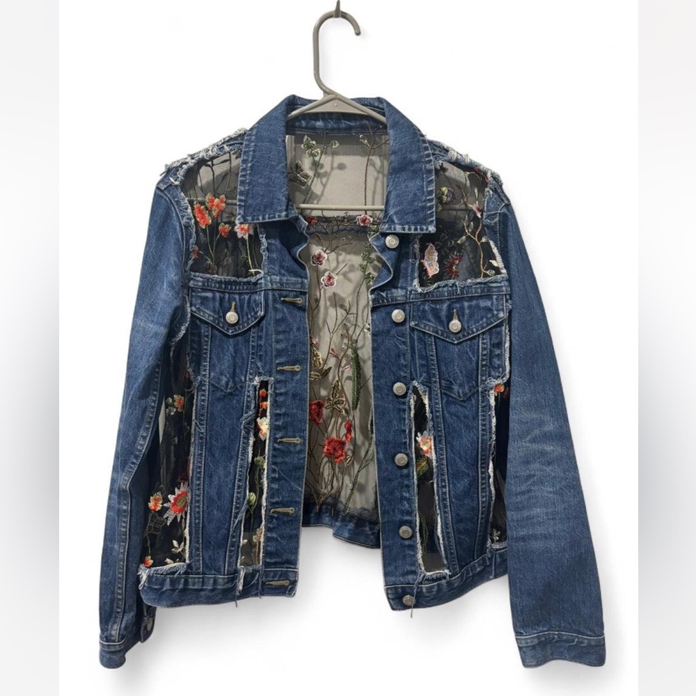 HAND MADE Up-cycled Denim Jacket with Embroidered Floral Panels